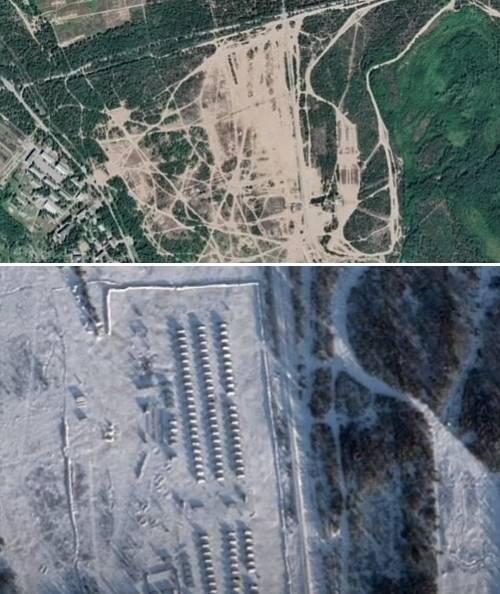 위는 폴란드 국경에서 불과 57㎞ 떨어진 카멘카의 2022년 위성사진, 아래는 군용 텐트 100여개가 빼곡하게 들어선 지난 2월의 모습. 스웨덴 SVT 제공