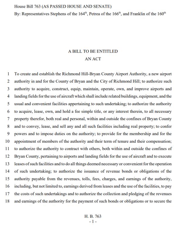 브라이언 캠프 조지아주 주지사가 서명한 '리치몬드힐-브라이언카운티' 공항 건설을 위한 법안. 이 법안은 서명 즉시 효력이 발생했다. 자료제공=조지아주