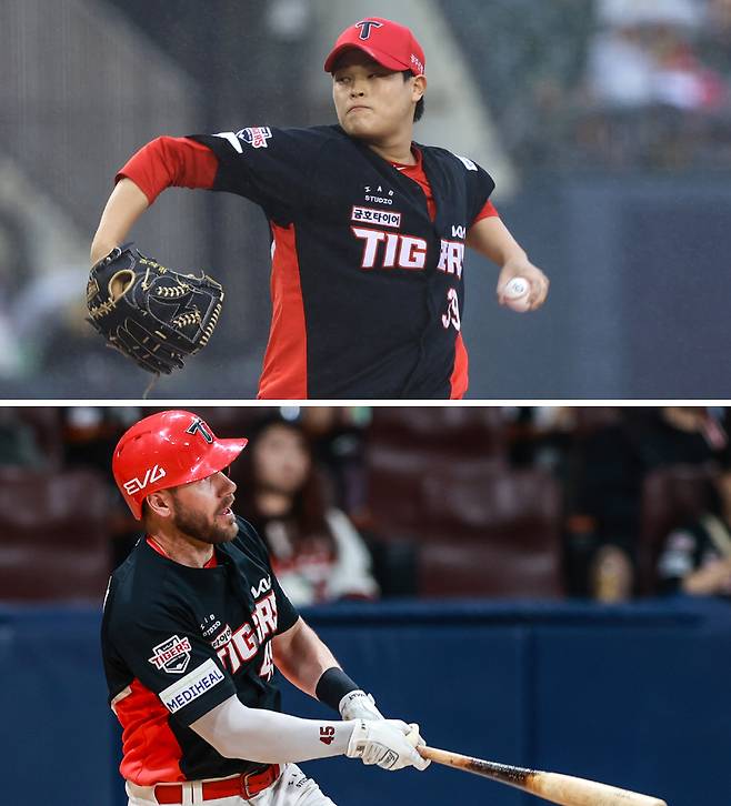 KIA 최지민(위)과 위즈덤. KIA 타이거즈 제공
