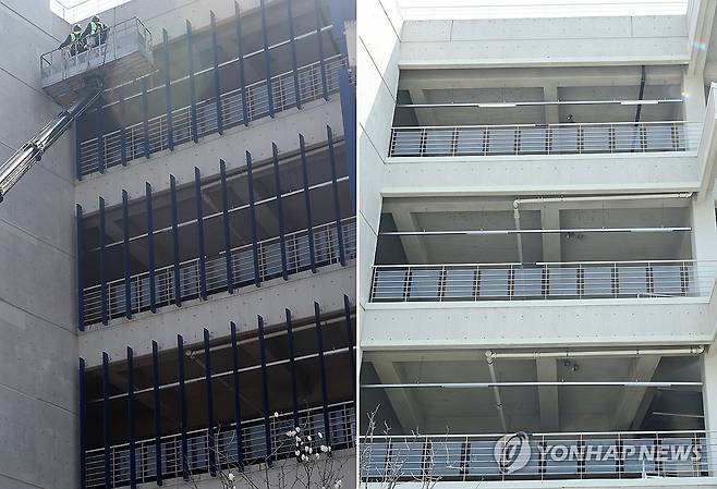 창원NC파크 외장 마감재 루버 전체 철거 (창원=연합뉴스) 김동민 기자 = 29일 오후 경남 창원시 마산회원구 창원NC파크 야구장 외장 마감재 '루버'가 철거된 모습. 
    왼쪽 사진은 지난 1일 루버 안전 점검을 하는 모습. 2025.4.29 image@yna.co.kr