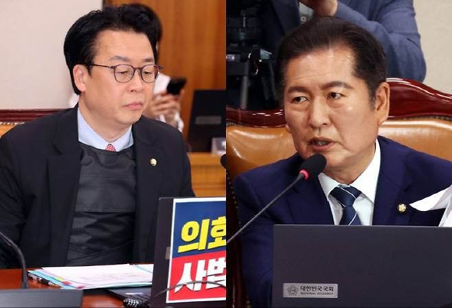 14일 국회 법사위 전체회의 출석한 곽규택 의원(왼쪽)과 정청래 법사위원장. (사진=뉴시스)