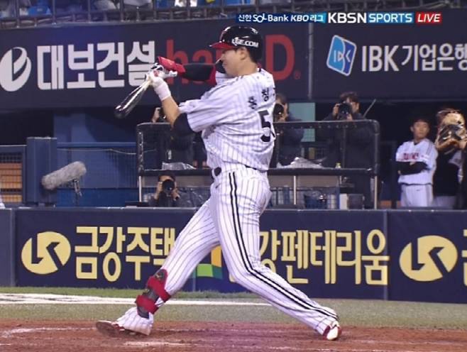 ◇4월22일 LG-NC전 홍창기 체크스윙 장면. 노스윙이 선언됐다. 사진출처=중계화면 캡처