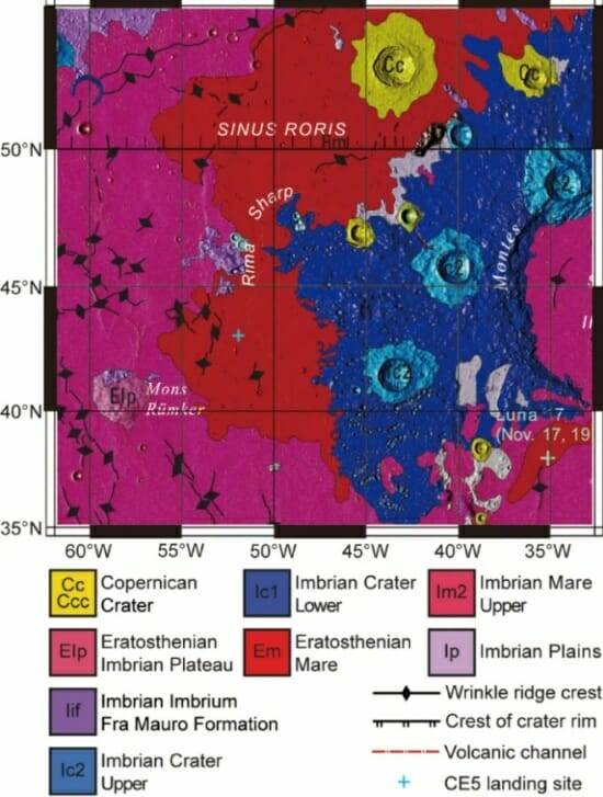 창어5호가 착륙했던 달 앞면 ‘폭풍의 대양’의 지질 지도 (사진=네이처)