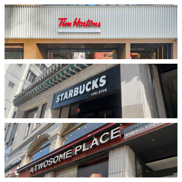 팀홀튼, 스타벅스, 투썸플레이스 매장 전경.