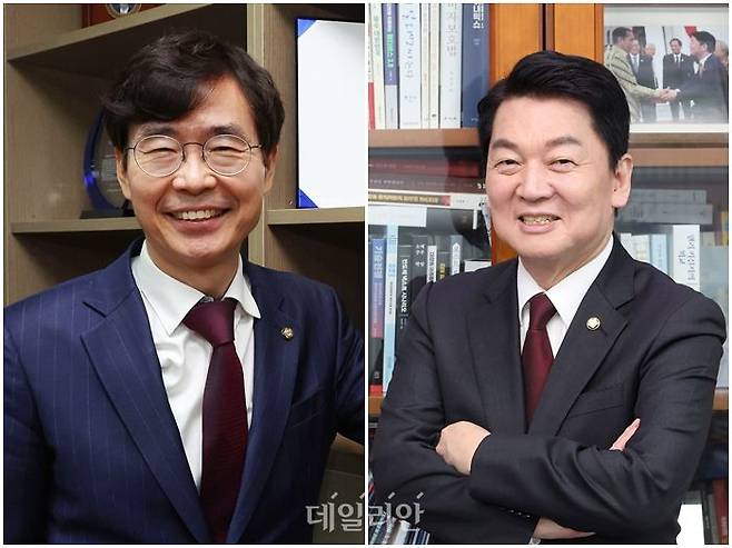 조경태·안철수 국민의힘 의원. 부산 출신 국민의힘 정치지도자라는 공통점을 갖고 있는 두 의원은 6·3 대선 정국에서 김문수 대선 후보를 향해 윤석열 전 대통령과의 단호한 결별이라는, 반드시 해야할 말을 소신 있게 하면서도 선당후사의 정신으로 선거운동에 앞장서고 있다는 평가를 받고 있다. ⓒ데일리안 홍금표 기자