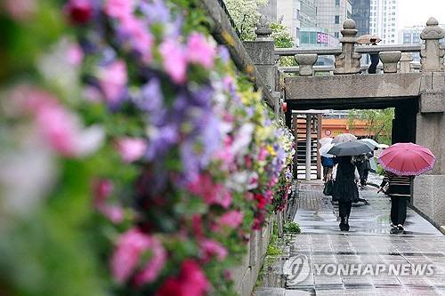 전국 대부분 지역에 비가 내린 지난 9일 서울 청계천에서 우산을 쓴 시민이 이동하고 있다. [연합뉴스]
