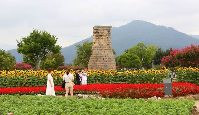 관광객들이 동부사적지 첨성대 인근에 조성된 꽃단지를 배경으로 사진을 찍으며 봄날을 만끽하고 있다. 경주시 제공