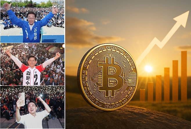 제21대 대통령 선거 공식 선거운동 첫날인 12일 이재명(맨 위부터)·김문수·이준석 대선후보가 선거운동을 하고 있다. 경기 화성시 동탄 센트럴파크 음악분수중앙광장 유세장에서 시민들에게 인사하며 엄지손가락을 치켜드는 더불어민주당 이재명 대선 후보(왼쪽 맨 위부터), 대구 서문시장에서 지지를 호소하는 국민의힘 김문수 대선 후보, 서울 청계광장에서 열린 출정식에서 사진 찍는 개혁신당 이준석 대선 후보. [챗GPT를 사용해 제작함, 연합, 신동윤 기자 정리]