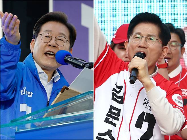 제21대 대통령 선출을 위한 공식 선거운동이 시작된 12일 더불어민주당 이재명 대선 후보(사진 왼쪽부터)가 대전 으능정이거리 스카이로드에서, 국민의힘 김문수 대선 후보가 대구 서문시장에서 지지를 호소하는 연설을 하고 있다. [연합]