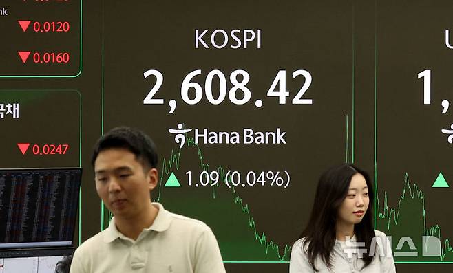 [서울=뉴시스] 추상철 기자 = 코스피와 코스닥지수가 상승 마감한 13일 오후 서울 중구 하나은행 딜링룸 전광판에 지수가 표시되고 있다.코스피는 전 거래일 대비 1.09포인트(0.04%) 오른 2608.42에, 코스닥지수는 6.48포인트(0.89%) 오른 731.88에 장을 마쳤다. 2025.05.13. scchoo@newsis.com