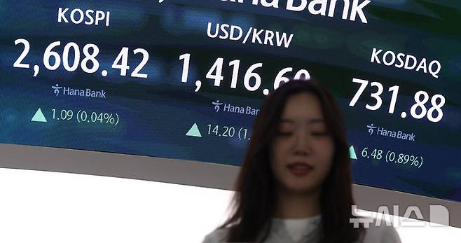 [서울=뉴시스] 추상철 기자 = 코스피와 코스닥지수가 상승 마감한 13일 오후 서울 중구 하나은행 딜링룸 전광판에 지수가 표시되고 있다.코스피는 전 거래일 대비 1.09포인트(0.04%) 오른 2608.42에, 코스닥지수는 6.48포인트(0.89%) 오른 731.88에 장을 마쳤다. 2025.05.13. scchoo@newsis.com