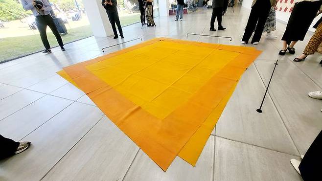 [사진=박현주미술전문기자] 대구 인당뮤지엄 입구 바닥에 설치된 루이 칸의 '바닥' 작품. 칸은 캔버스를 접고 자르는 방식으로 해체된 캔버스로 공간과 색채를 탐구하는 추상연작을 발표했다. 2025.05.14. hyun@newsis.c.om *재판매 및 DB 금지