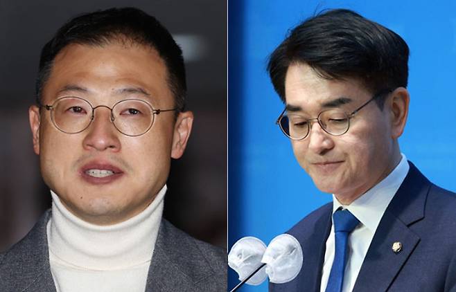 지난해 12월 7일 오후 윤석열 대통령의 탄핵소추안에 대한 표결에 동참한 뒤 기자회견을 하는 김상욱 의원(왼쪽)·박용진 의원. 연합뉴스