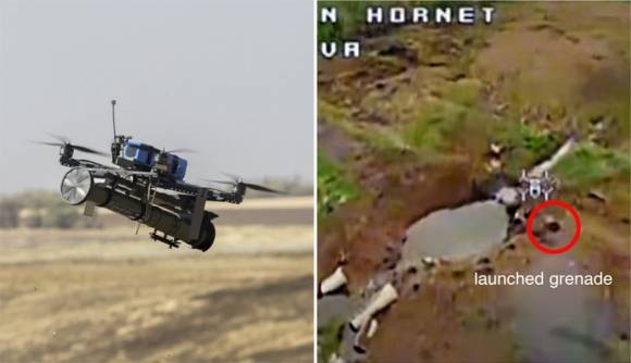 유탄 발사기를 장착한 우크라이나 드론(왼쪽)이 러시아 보병에게 유탄을 발사하고 있다. 출처=아미인폼·와일드 호넷 텔레그램