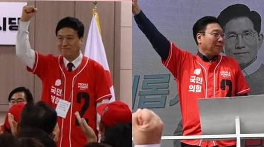 김문수 후보의 영남 일정에 동행한 친한계 정성국 의원(왼쪽)과 정연욱 의원. (출처 = 뉴시스)