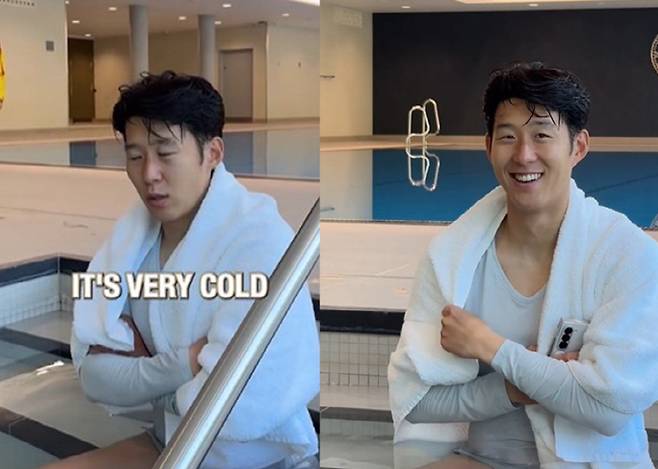 　◇10분간 콜드 플런지를 진행한 손흥민. 이미지 출처=토트넘 인스타그램