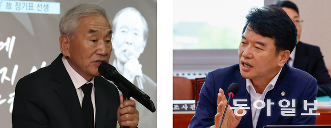 이재오 민주화운동기념사업회 이사장과 친명계 더불어민주당 문진석 의원. 뉴스1