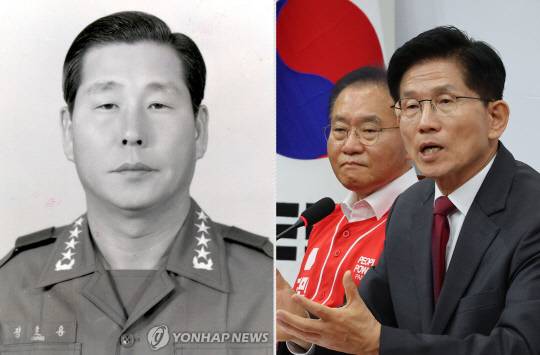 '신군부 핵심 5인'으로 꼽히는 정호용 전 국방부 장관 과거 모습(왼쪽)과, 김문수 국민의힘 제21대 대선후보가 15일 국회 본청에서 긴급기자회견 질의응답을 진행하는 모습(오른쪽).<연합뉴스 사진 갈무리>
