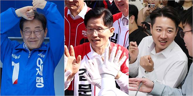 더불어민주당 이재명 대선 후보, 국민의힘 김문수 후보, 개혁신당 이준석 후보(왼쪽 사진부터). 연합뉴스
