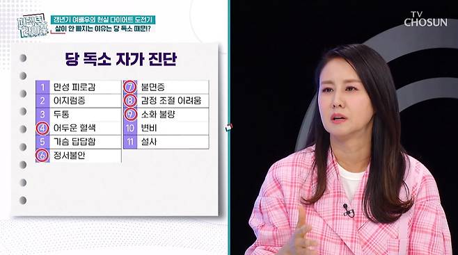 배우 이승신(56)이 당 독소 자가진단 테스트 항목 11개 중 5개에 해당한다고 밝혔다./사진=TV조선 '퍼펙트 라이프' 방송 화면