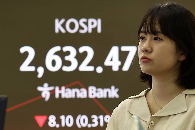 코스피가 2630대에서 약보합세로 거래를 시작한 15일 서울 하나은행 본점 딜링룸에서 딜러들이 업무를 보고 있다. [연합]