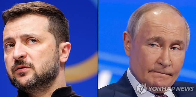 블라디미르 푸틴(오른쪽) 러시아 대통령와 볼로디미르 젤렌스키 우크라이나 대통령 [AFP=연합뉴스 자료사진]