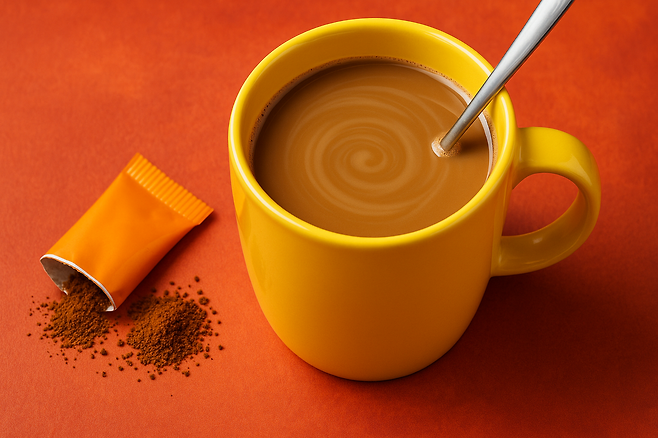 뜯어져 있는 믹스커피 스틱봉지와 커피가 담겨있는 커피잔