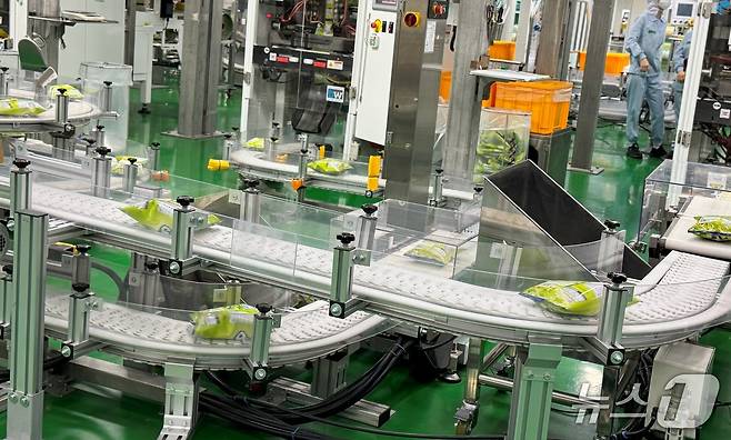 충남 아산에 위치한 농심 '아산 공장'의 제조 설비에 포장된 신제품 '메론킥'이 놓여있다.2025.5.15/뉴스1 ⓒ News1 이강 기자