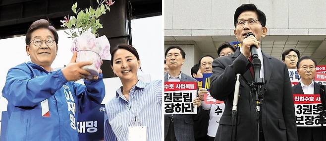 목포서 DJ 상징 인동초 받은 이재명… 대법서 "사법부 독립" 외친 김문수 - 이재명 더불어민주당 대선 후보가 15일 전남 목포시에서 열린 유세에서 김대중 전 대통령을 상징하는 인동초를 선물받은 뒤 들어 올리고 있다(왼쪽 사진). 김문수 국민의힘 후보는 이날 서울 서초구 대법원 청사 앞에서 조희대 대법원장 특검 법안 처리에 나선 민주당 규탄 대회를 열고 "공산주의 국가에서도 없던 일"이라고 했다. /뉴스1·장련성 기자