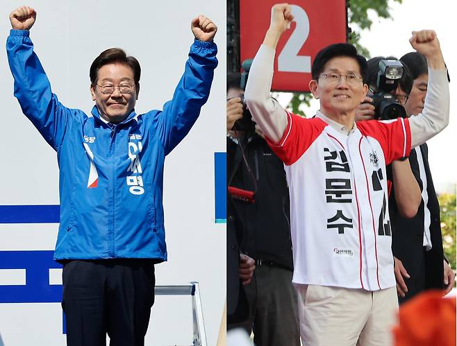 이재명 더불어민주당 대통령 후보(왼쪽), 김문수 국민의힘 후보가 대통령 선거 공식 선거운동 첫날인 지난 12일 서울 중구 청계광장, 대구 서문시장에서 각각 지지를 호소하고 있다./뉴스1