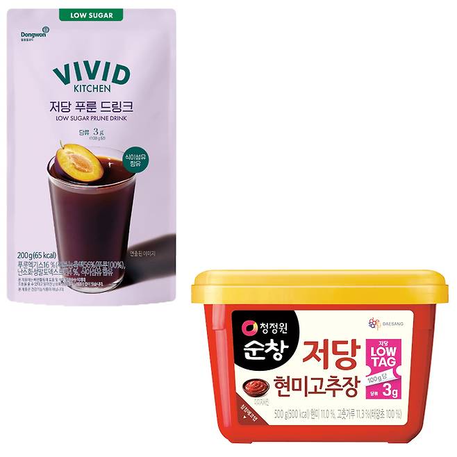 (왼쪽) 저당 푸룬 드링크(사진 동원홈푸드) (오른쪽) 순창 저당 현미고추장(사진 대상)