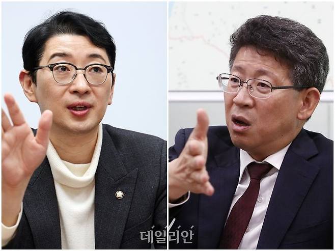 김문수 국민의힘 대선 후보 캠프에서 네거티브검증 공동단장을 맡고 있는 주진우 국민의힘 의원(사진 왼쪽)과 최기식 국민의힘 경기 의왕과천 당협위원장 ⓒ데일리안 홍금표 기자