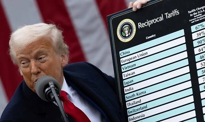 트럼프 미국 대통령이 지난 4월2일 전 세계를 대상으로 한 상호관세 행정명령을 발표하고 있다. 로이터 연합뉴스