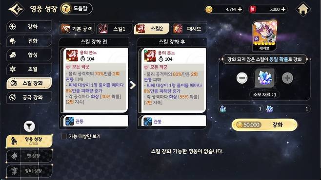 ▲ 영웅이 보유한 스킬 중 하나를 동일한 확률로 강화할 수 있다