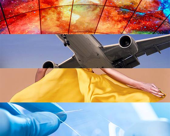 이 회사가 생산한 폴리에스터 필름, 합성수지, 폴리에스터 원사로 제작된 건물 지붕, 항공기, 의류 사진과 이형필름. [사진 도레이첨단소재]