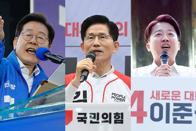 (왼쪽부터)더불어민주당 이재명 후보, 국민의힘 김문수 후보, 개혁신당 이준석 후보. 연합뉴스