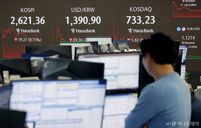 15일 서울 중구 하나은행 딜링룸에서 딜러들이 업무를 보고 있다.  /사진=뉴시스