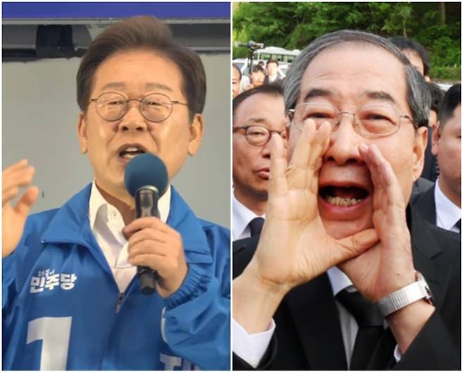 전북 정읍역 광장을 찾은 민주당 이재명 후보와 한덕수 전 국무총. 유튜브 이재명 채널 캡쳐, 연합뉴스