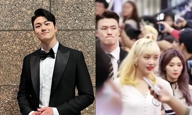 배우 신승호가 데뷔 전 레드벨벳 경호를 맡았던 모습(오른쪽). 신승호 인스타그램, 온라인 커뮤니티 캡처