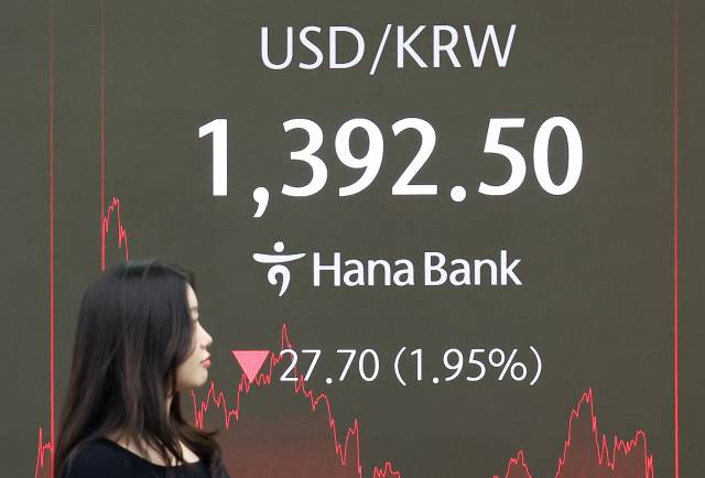 서울 중구 하나은행 본점 딜링룸 현황판에 원·달러 환율이 표시돼 있다. 연합뉴스,