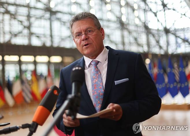취재진 질문에 답변하는 EU 무역수장 (브뤼셀 EPA=연합뉴스) 마로시 셰프초비치 EU 무역·경제안보 담당 집행위원이 15일(현지시간) 벨기에 브뤼셀에서 열린 EU 무역장관회의에서 취재진 질문에 답하고 있다. 2025.5.15 photo@yna.co.kr [재판매 및 DB 금지]