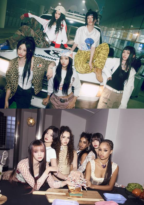 위부터 그룹 뉴진스, 캣츠아이. 어도어, 하이브 레이블즈 제공.