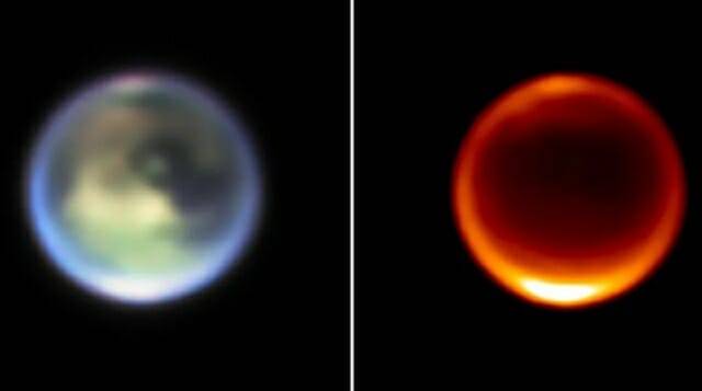 2023년 7월 JWST가 촬영한 타이탄의 적외선 이미지. 타이탄 북반구의 메탄 구름을 보여준다. 왼쪽은 가시광선으로 촬영한 사진이고 오른쪽은 다양한 대기층을 보여주는 적외선 이미지다. (출처= NASA, ESA, CSA, STScI, Keck Observatory)
