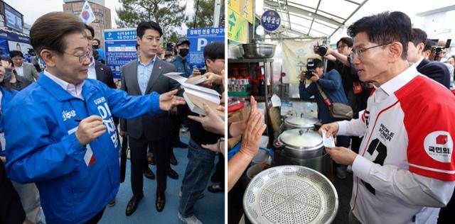 16일 전북 익산 유세에서 지지자가 건넨 저서에 사인을 해주는 더불어민주당 이재명 대선 후보(왼쪽 사진)와 경기 수원시 지동시장 유세에서 상인과 대화하는 국민의힘 김문수 대선 후보. 연합뉴스