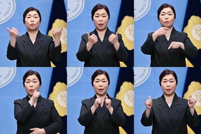 38년 경력의 한은희 국회 수어 통역사가 지난달 17일 국회 소통관에서 '국회 수어 통역'을 수어로 표현하는 모습. 여러 장을 찍어 이어붙였다. 그는 국회에서 수어 통역이 상시화된 2020년 8월부터 이곳에서 일했다. 그러나 간접고용 구조 탓에 매년 연말이면 해고 위기에 놓인다. 정다빈 기자