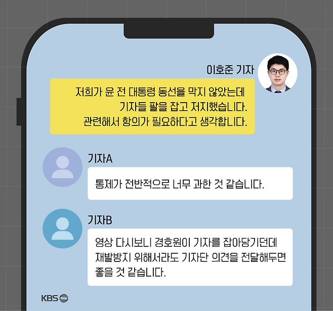 14일 오전 포토라인 직후 법원 기자단 단체 대화방. 이해를 돕기 위해 대화 내용 재구성.     그래픽 : 조은수