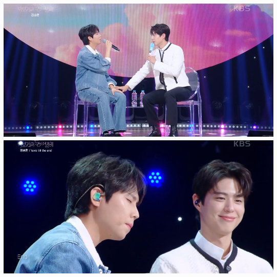 박보검 특유의 따뜻한 진행과 정승환의 센스 있는 유머가 어우러지며 밈 하나도 품격 있게 소화해내는 무대를 완성했다.사진=KBS 방송캡처