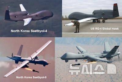 [서울=뉴시스]북한의 샛별-4 정찰드론(위 왼쪽)과 미국의 RQ-4 드론(위 오른쪽) 및 북한의 샛별-9 드론(왼쪽 아래)와 미국의 MQ-9 리퍼 드론. (출처=월드 디펜스 뉴스) 2025.2.22.
