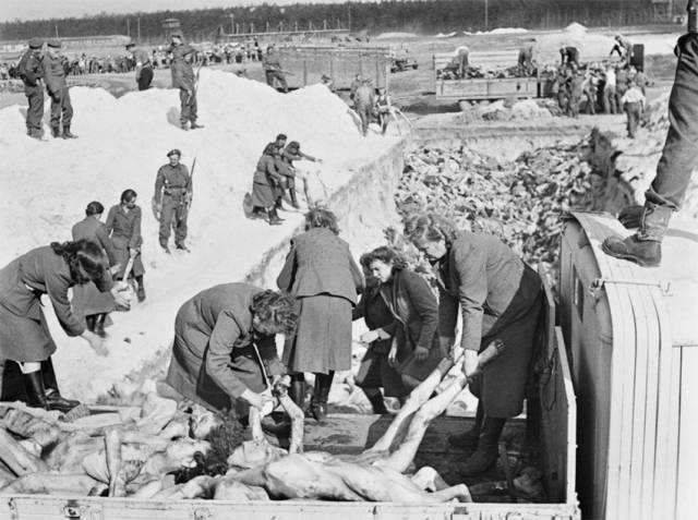 ▲ 베르겐-벨젠 수용소에서 숨진 희생자들을 집단 매장지로 옮기는 모습. 영국군의 감시 아래 여자 경비대원들이 작업에 강제 동원됐다. Ⓒ영국군 제5군 Film & Photographic Unit