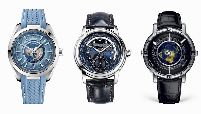 왼쪽부터 오메가 아쿠아테라 월드타이머, 프레드릭 콘스탄트 클래식 월드타이머, 율리스 나르덴 요하네스 케플러.